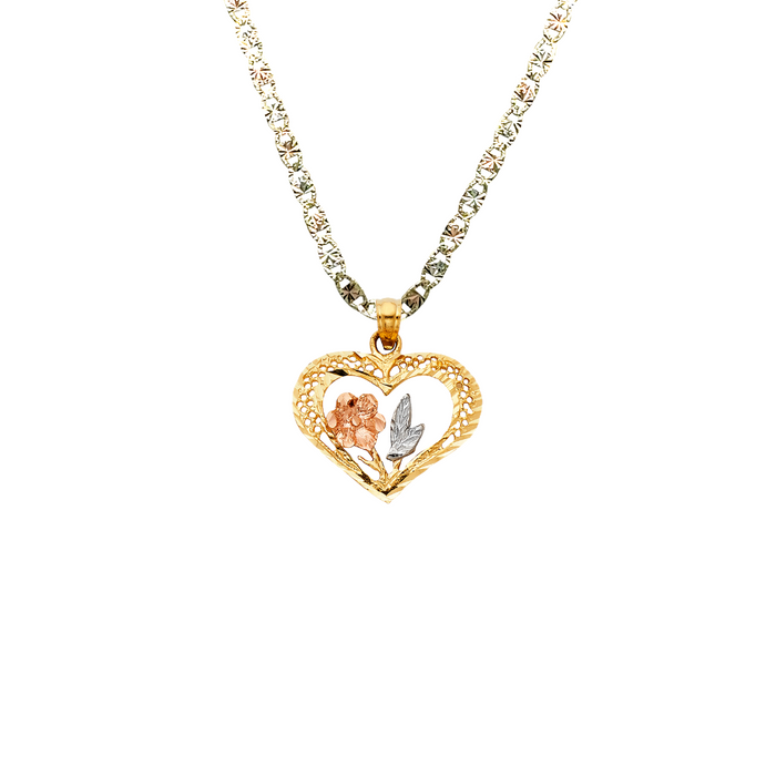 14k Flower Heart Tri Gold Pendant with Solid Chain - LE-1945