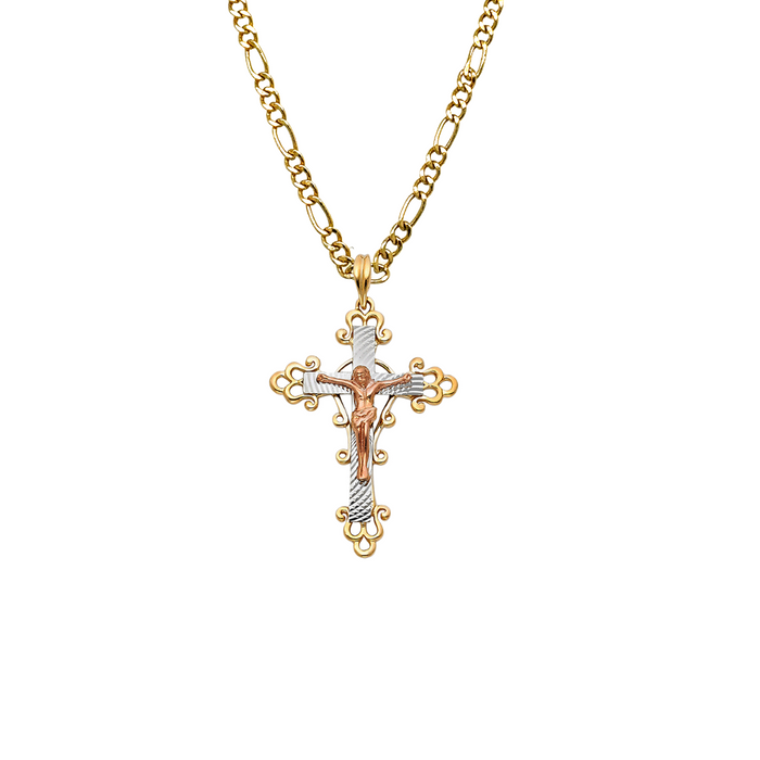 14k Tri Color Gold Fancy Jesus Cross with Solid Figaro Chain - LE-0953