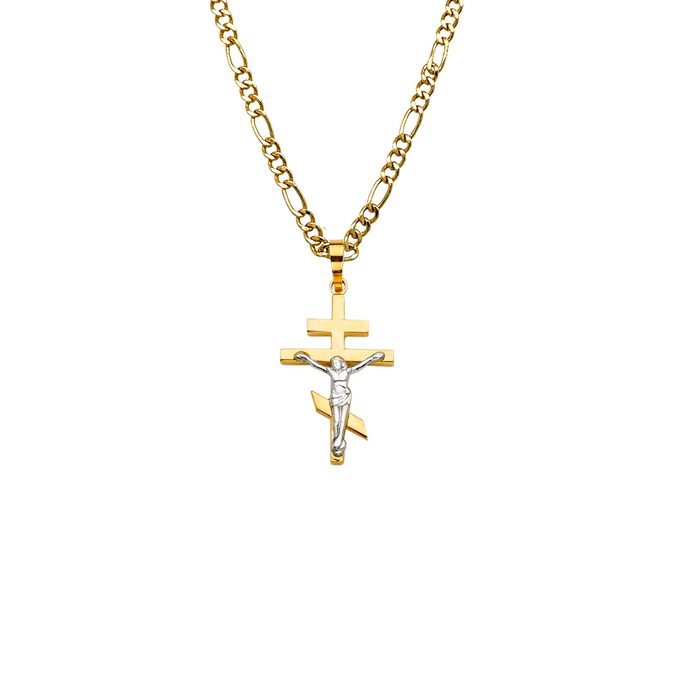 14k Gold Two Tone Jesus Cross Pendant with Solid Chain - LE-2160