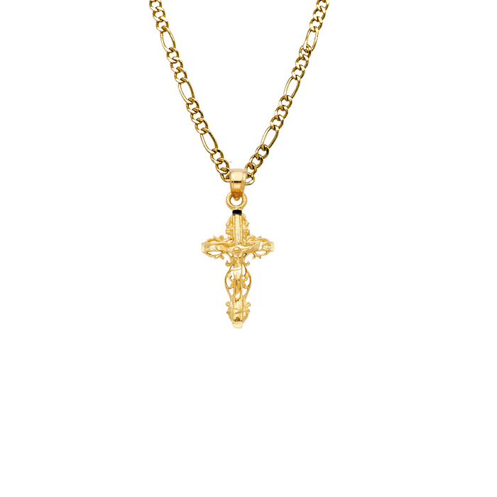 14k Gold Fancy Jesus Cross Pendant with Solid Chain - LE-1005