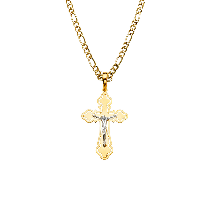 14k Gold Jesus Cross with Solid Figaro Chain - LE-2165