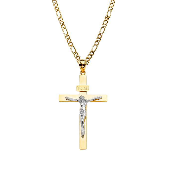 14k Two Tone Gold Large Jesus Cross Pendant with Solid Chain - LE-2192