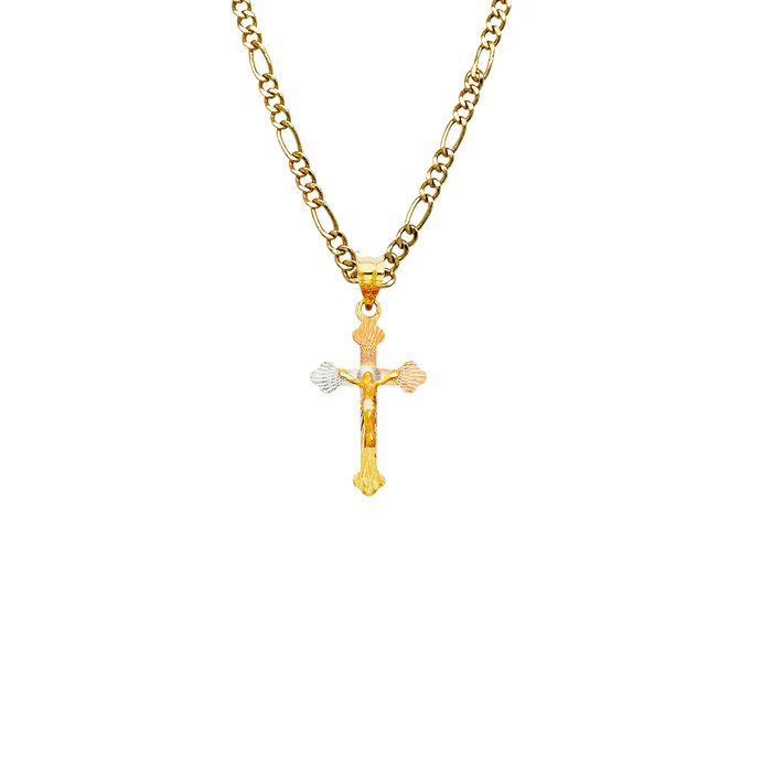 14k TriColor Gold Jesus Cross Pendant with Solid Chain - LE-0353