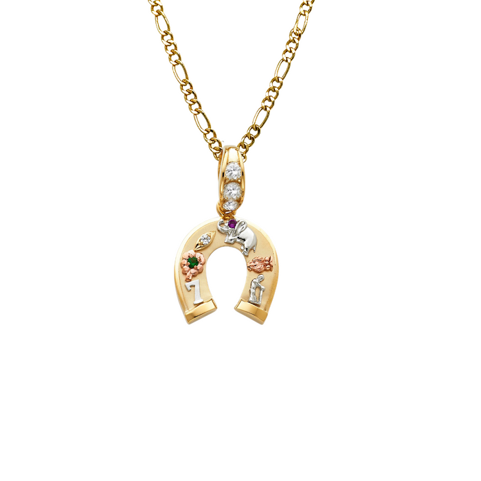 14k Good Luck Symbols Horseshoe Gemstone Gold Pendant with Solid Figaro Chain - LE-1524