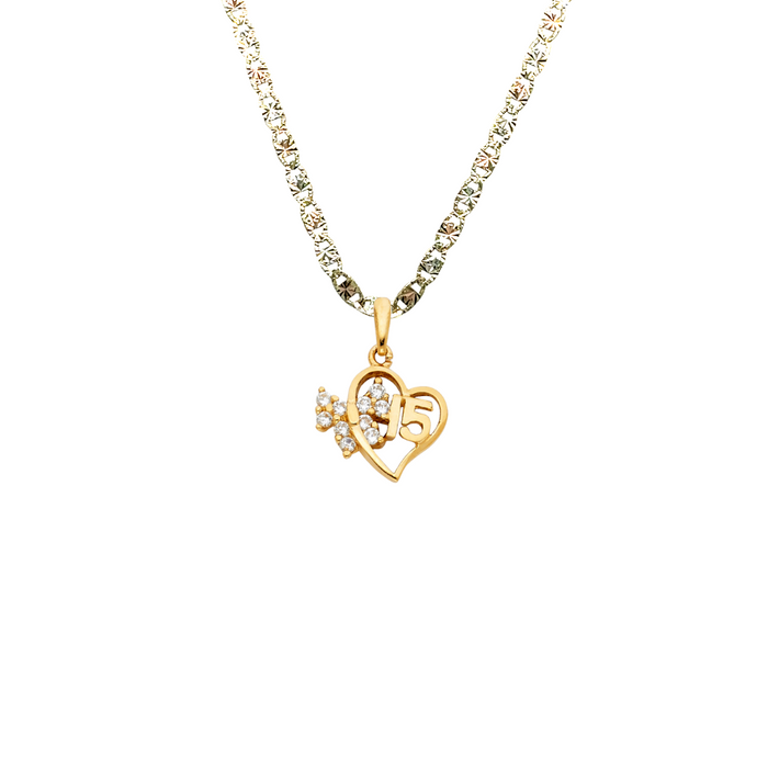 14k Gold 15 Años Quinceañera Heart Bow Gemstone Pendant with Solid Chain - LE-0364