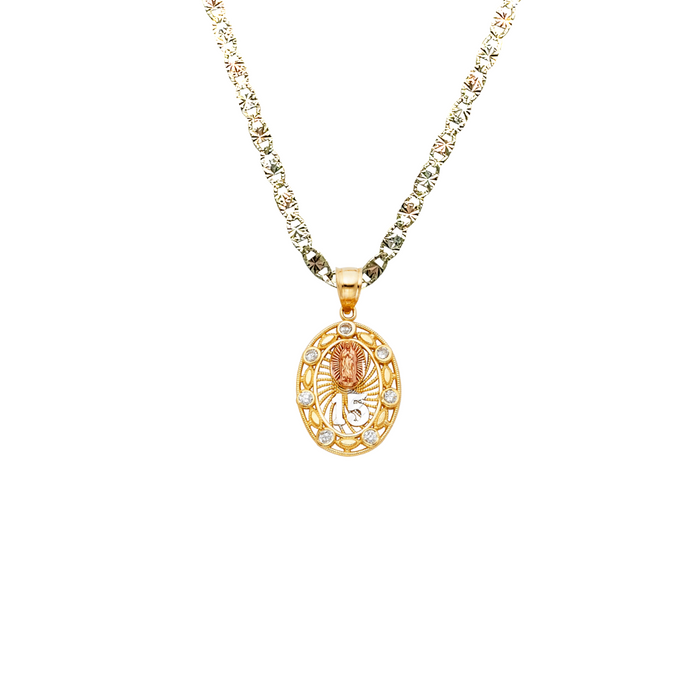 14k Gold Tri Tone 15 Años Virgin Mary Quinceañera Oval Gemstone Pendant with Solid Chain - LE-1881