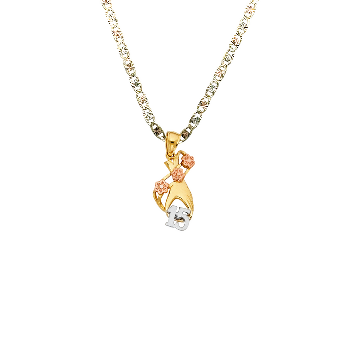 14k Gold Tri Tone 15 Años Quinceañera Dress Flower Pendant with Solid Chain - LE-1914