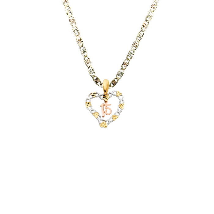 14k Gold Three Tone 15 Quinceañera Heart Pendant with Solid Chain - LE-1876