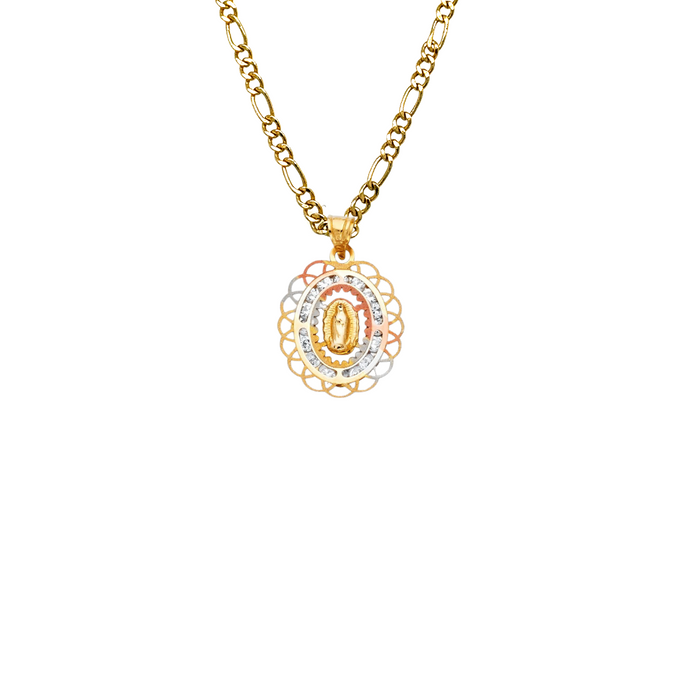 14k Virgin Mary Gold Pendant with Gemstones and Solid Chain - LE-807