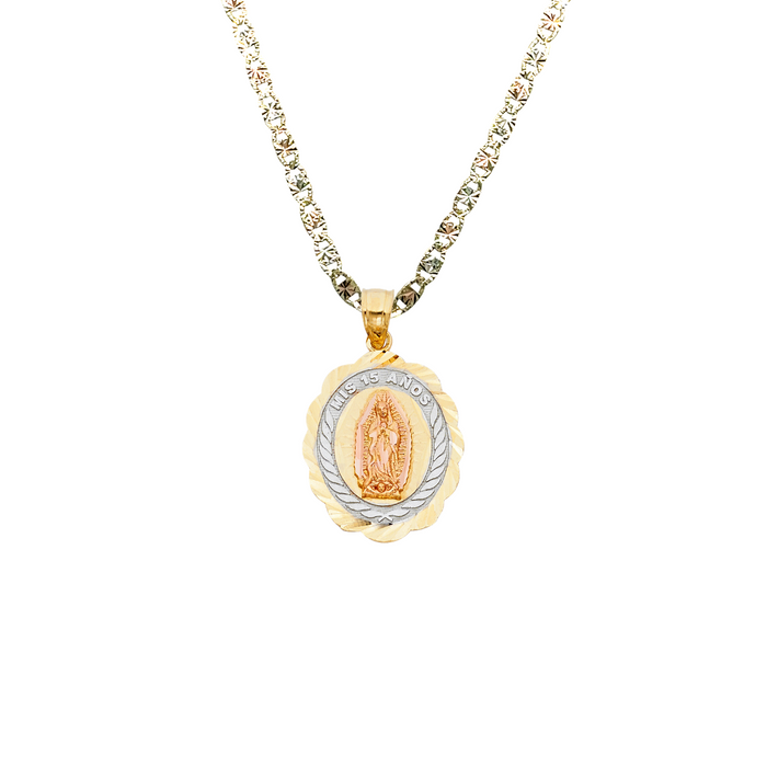 14k Gold Tri Tone Virgin Mary Mis 15 Años Quinceañera Oval Pendant with Solid Chain - LE-1899