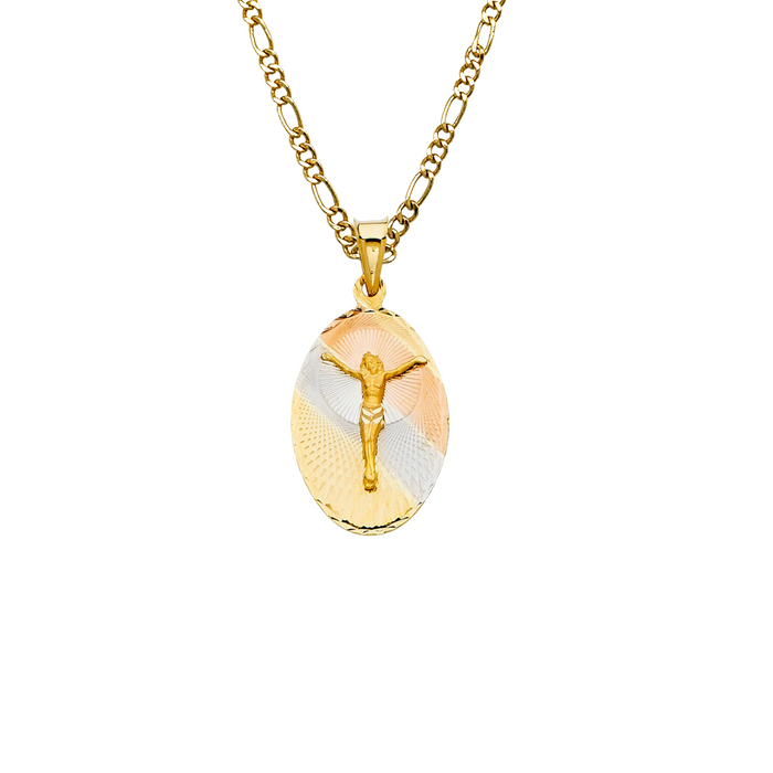 14k Jesus Christ TriColor Oval Gold Pendant with Solid Chain - LE-324