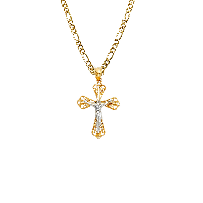 14k Gold Two Tone Jesus Cross Pendant with Solid Chain - LE-1020