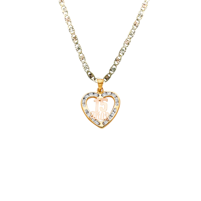 14k Gold Two Tone 15 Años Quinceañera Heart Gemstone Pendant with Solid Chain - LE-0813