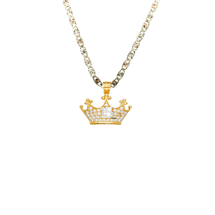 14k Gold 15 Años Quinceañera Crown Gemstone Pendant with Solid Chain - LE-2146