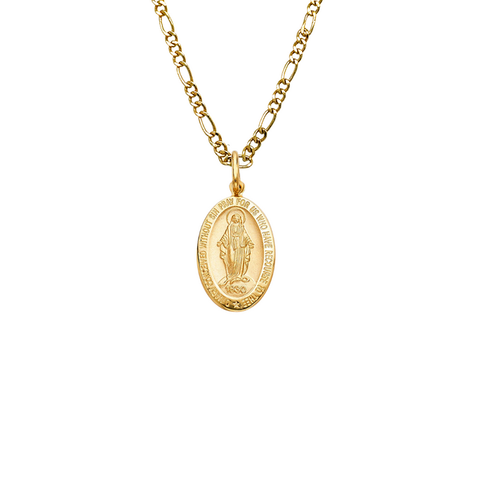 14k Virgin Mary La Milagrosa Yellow Gold Oval Pendant with Solid Chain - LE-276