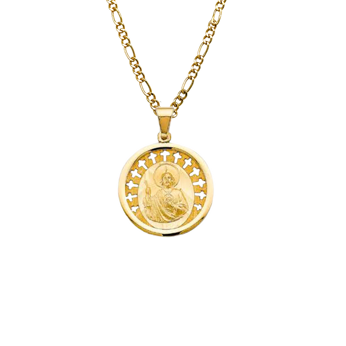 14k San Judas Round Gold Pendant and Solid Chain - LE-3059