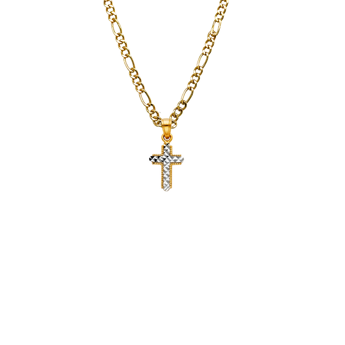 14k Gold Two Tone Small Cross Pendant with Solid Chain - LE-0133