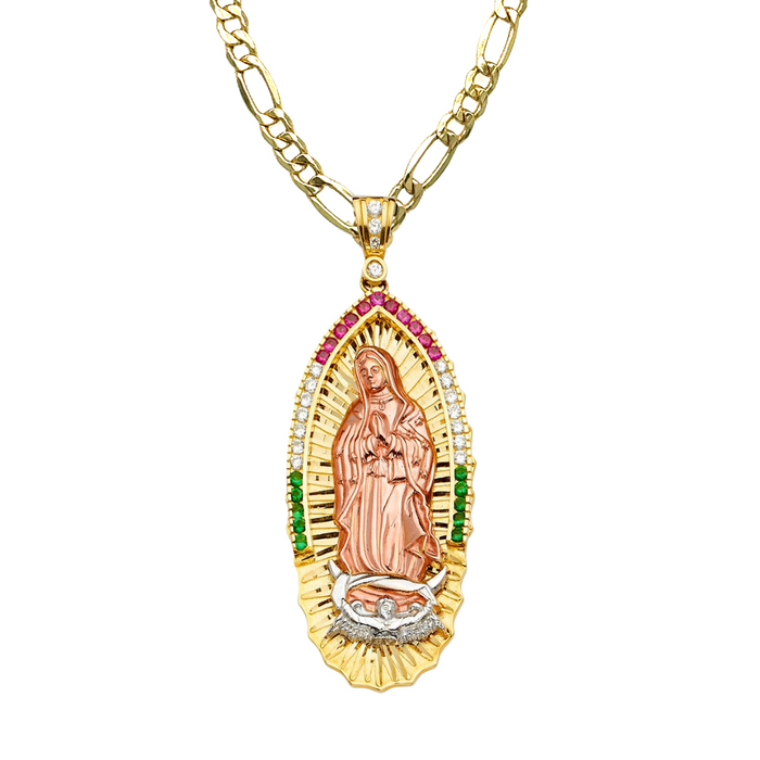 14k Large Virgin Mary Pendant White Green Red Gemstones and Solid Figaro Chain