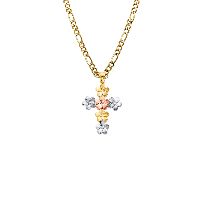 14k Gold Tri Tone Flower Cross Pendant with Solid Chain - LE-2536