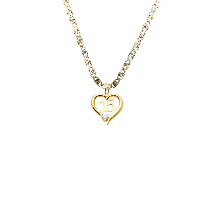 14k Gold 15 Años Quinceañera Heart Gemstone Pendant with Solid Chain - LE-0719