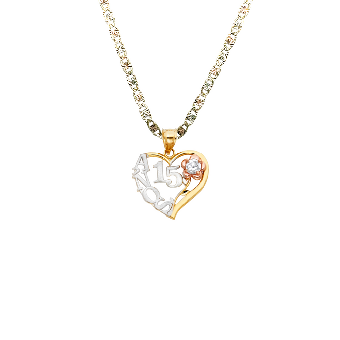 14k Gold Three Tone 15 Años Heart Flower Pendant with Solid Chain - LE-0358