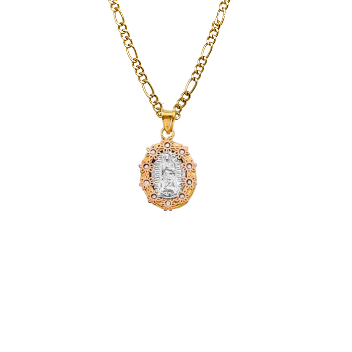 14k Virgin Mary Gold Flower Pendant with Gemstones and Solid Chain - LE-1320