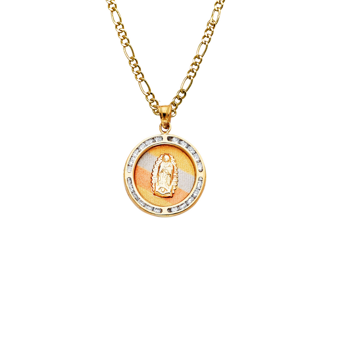 14k Virgin Mary Gold Pendant Round with Gemstones and Solid Chain - LE-187