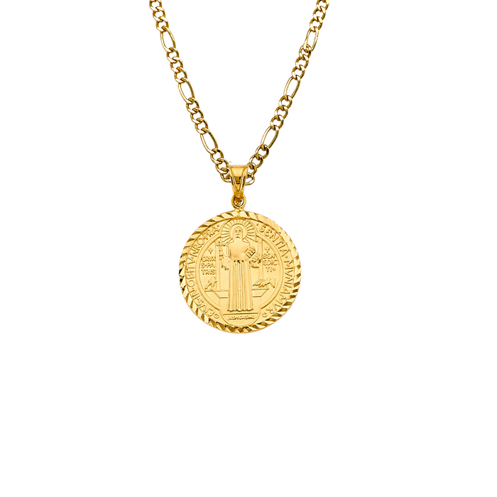 14k San Benito Hollow Gold Coin Pendant with Solid Figaro Chain - LE-2873