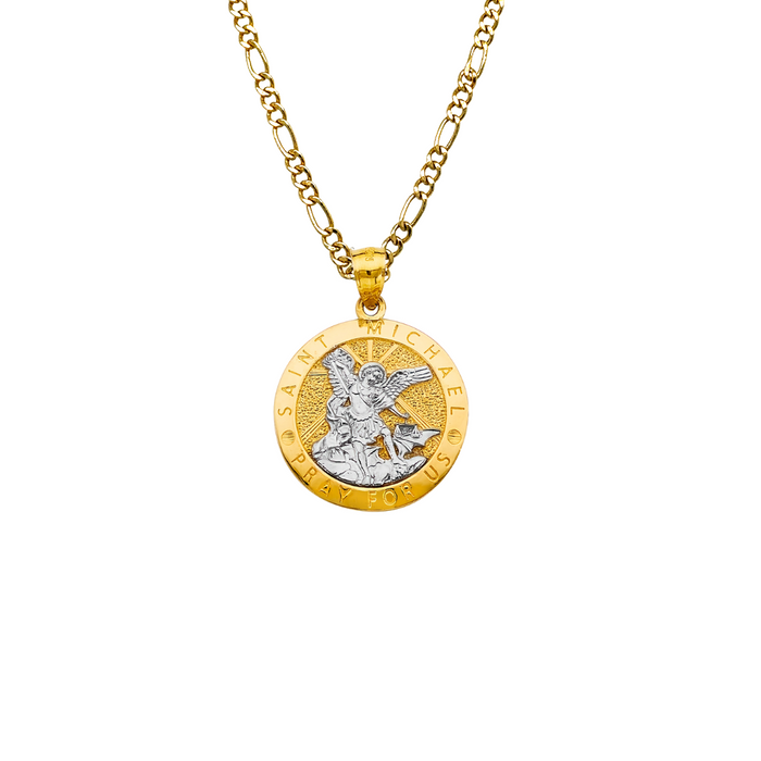 14k Saint Michael Pray For Us Round Gold Pendant with Solid Chain - LE-2775