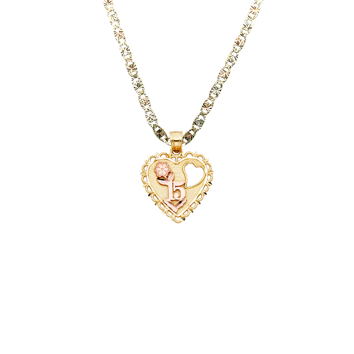 14k Gold Two Tone 15 Quinceanera Heart Pendant with Solid Chain - LE-1907