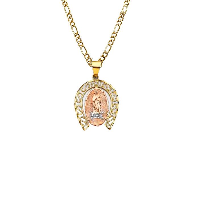 14k Virgin Mary Horseshoe Pendant with Solid Figaro Chain - LE-2821