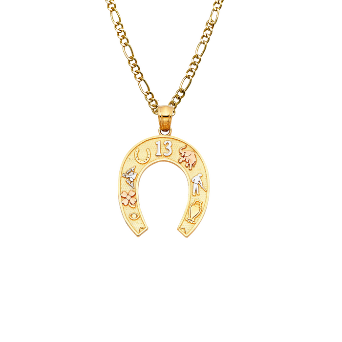 14k Good Luck Symbols Horseshoe Gold Pendant with Solid Figaro Chain - LE-1929