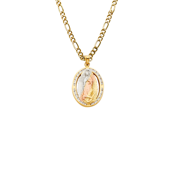 14k Virgin Mary Gold Pendant Oval Gemstones with Solid Chain - LE-805