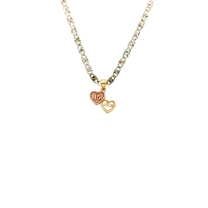 14k Gold Two Tone 15 Años Quinceañera Hearts Pendant with Solid Chain - LE-1886