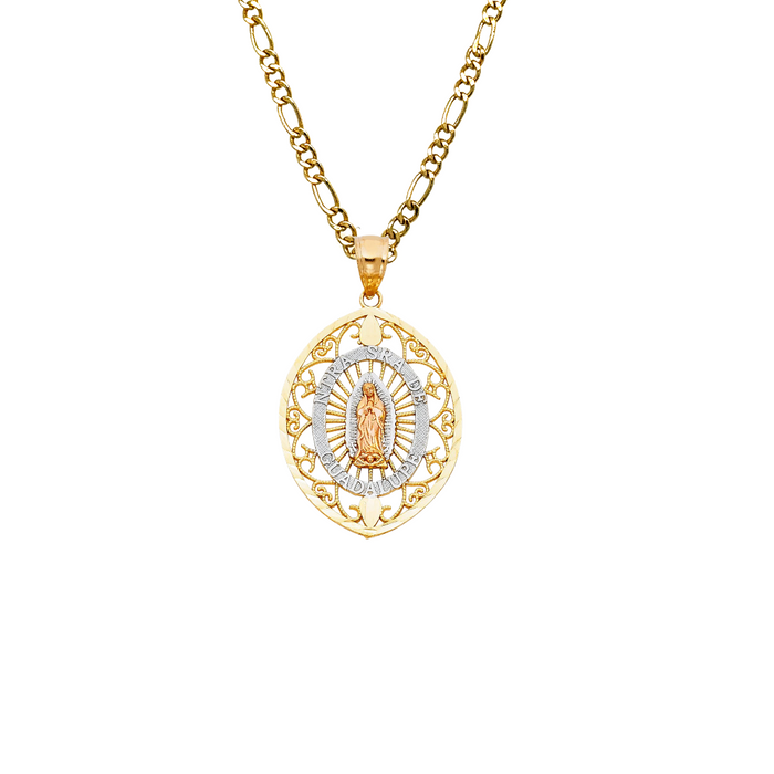 14k Virgin Mary Nuestra Senora Guadalupe Pendant with Solid Figaro Chain - LE-PT1104