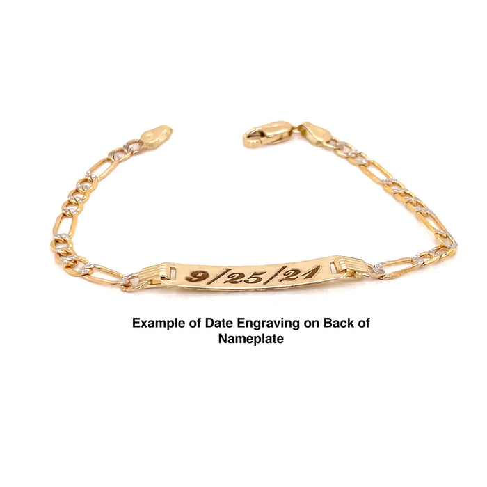 14k Kids Gold ID Bracelet with Gold Name Overlay and Tri Gold Heart Cutout Links