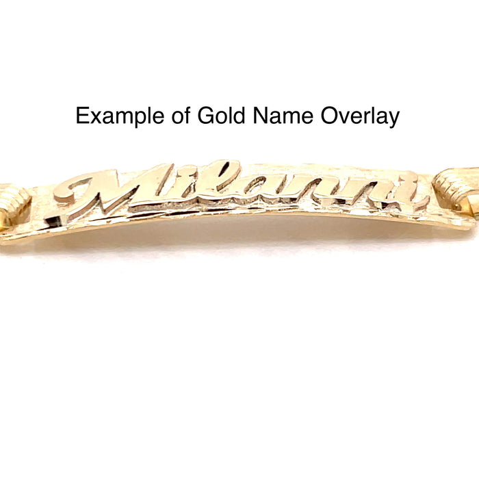 14k Kids Gold ID Bracelet with Gold Name Overlay and Tri Gold Heart Links