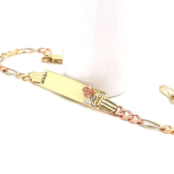 14k Kids Gold ID Bracelet with Rose and Tri-Color Figaro Links - MyBabyGold