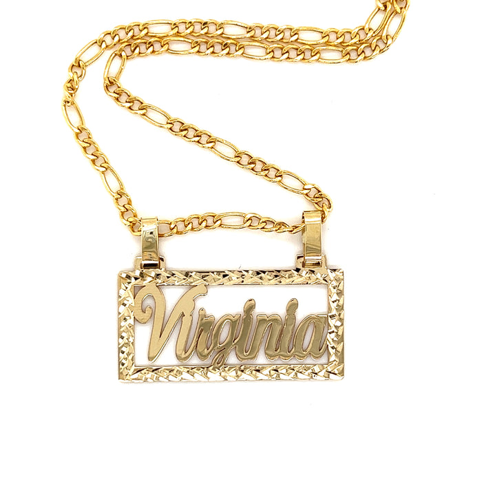 14k Diamond Cut Edge Cursive Nameplate Cutout with Solid Figaro Necklace