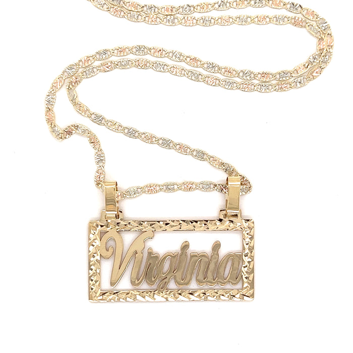 14k Diamond Cut Edge Cursive Nameplate Cutout with TriGold Valentino Necklace