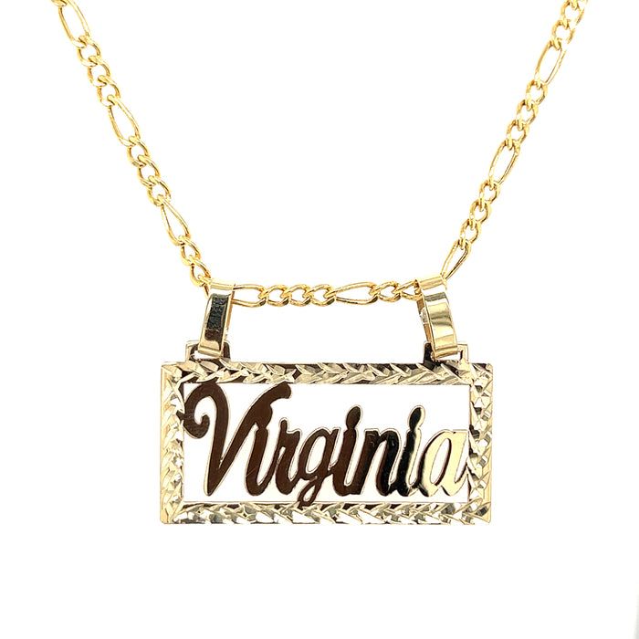 14k Diamond Cut Edge Cursive Nameplate Cutout with Solid Figaro Necklace