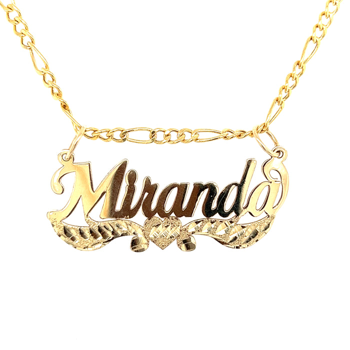 14k Gold Cursive Name with Diamond Cut Heart Ribbons and Solid Figaro Necklace