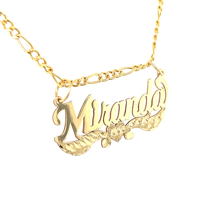 14k Gold Cursive Name with Diamond Cut Heart Ribbons and Solid Figaro Necklace