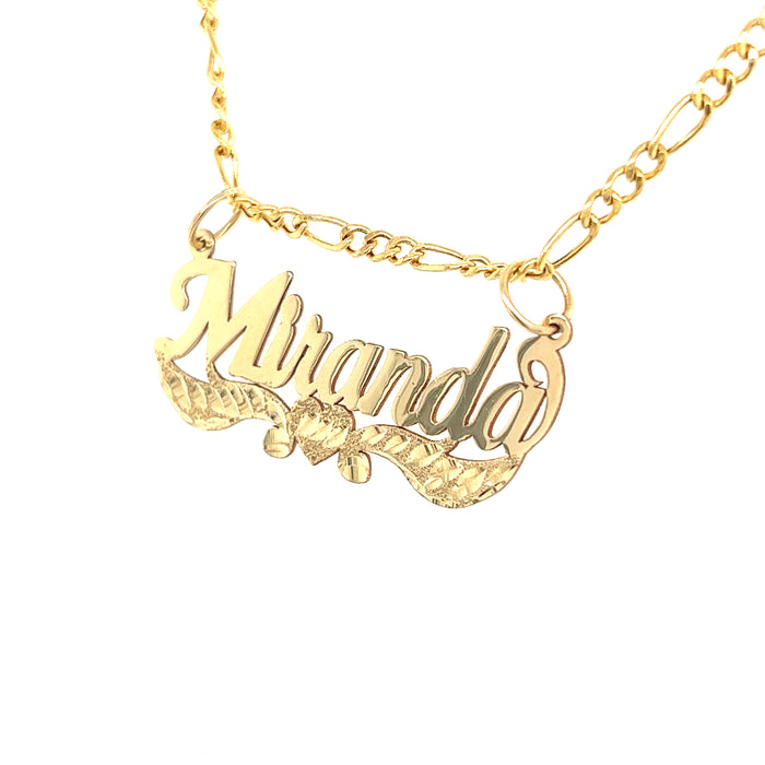 14k Gold Cursive Name with Diamond Cut Heart Ribbons and Solid Figaro Necklace