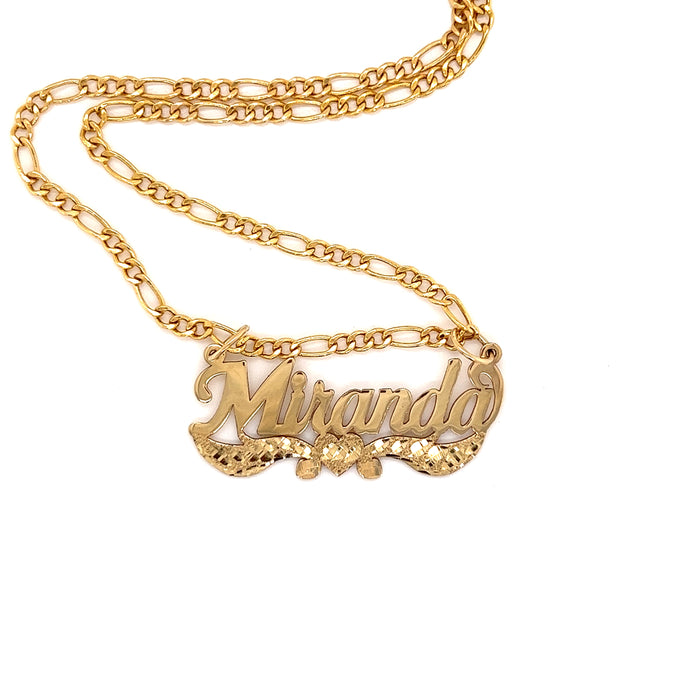 14k Gold Cursive Name with Diamond Cut Heart Ribbons and Solid Figaro Necklace