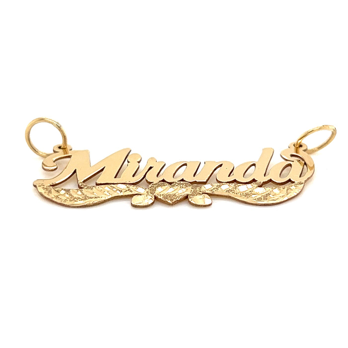 14k Gold Cursive Name with Diamond Cut Heart Ribbons and Solid Figaro Necklace