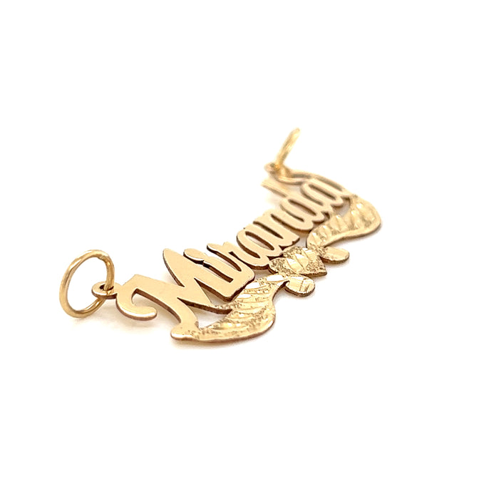 14k Gold Cursive Name with Diamond Cut Heart Ribbons and Solid Figaro Necklace