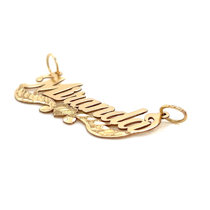 14k Gold Cursive Name with Diamond Cut Heart Ribbons and Solid Figaro Necklace