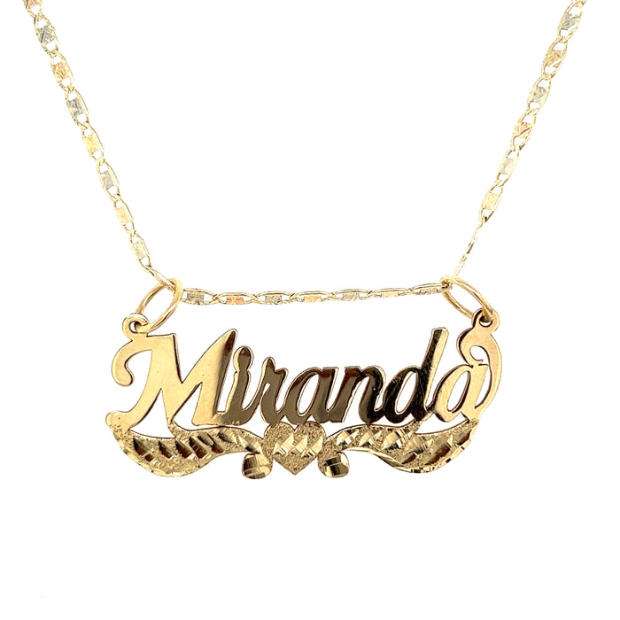 14k Gold Cursive Name with Diamond Cut Heart Ribbons and TriColor Valentino Necklace