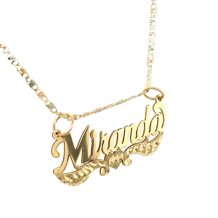 14k Gold Cursive Name with Diamond Cut Heart Ribbons and TriColor Valentino Necklace